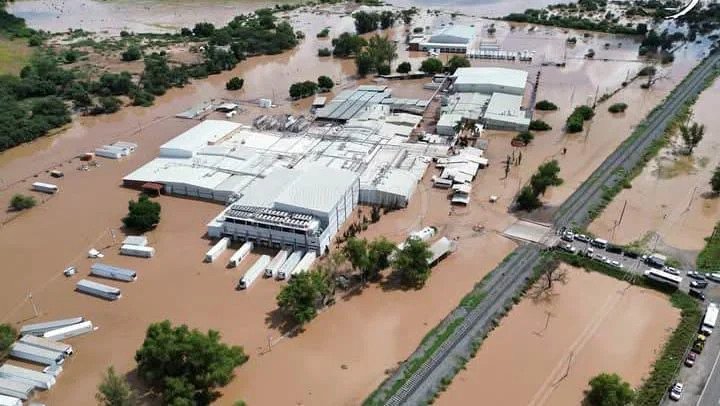 Lluvias inundan la fábrica de Alimentos Kowi en Navojoa